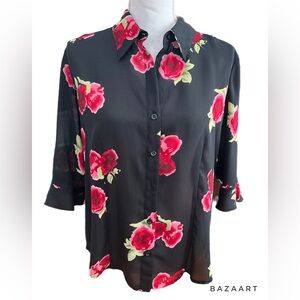🔥🔥Jonathan Martin Black Blouse With Roses 3/4 Sleeve With Ruffle Size 12